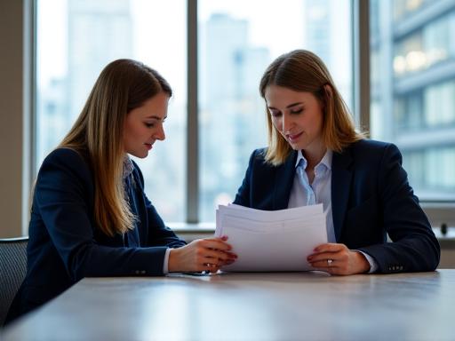 Legal professionals in a strategy session discussing documents in a modern London office